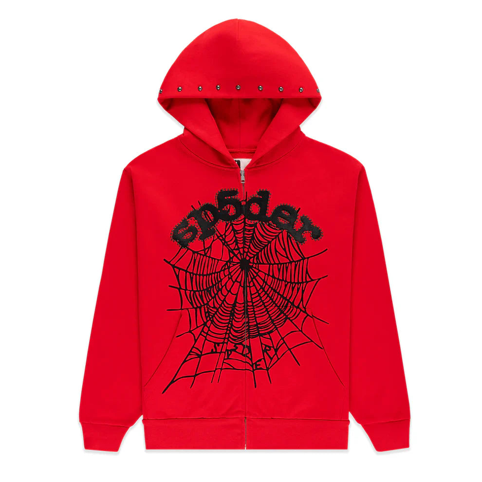 Sp5der Red Studded Web Zip Hoodie