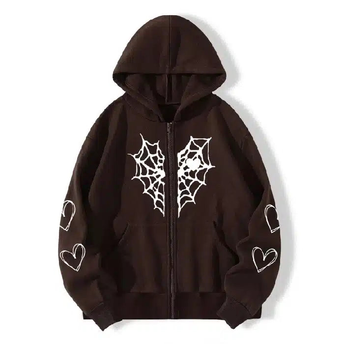 Sp5der Zipper Web & Heart Print Brown Hoodie
